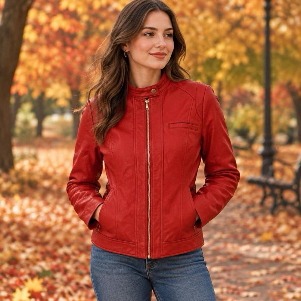 NEW COLE HAAN 100% LAMB LEATHER RED MOTO JACKET SIZE L Full Zip High Neck Preppy
